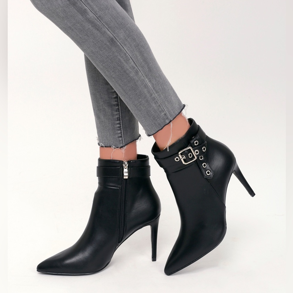 Senne Black Pointed Toe High Heel Ankle Booties | Lulus | Vegan Leather | SZ 8.5
